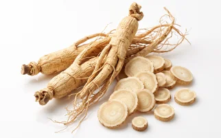 Panax ginseng roots sliced on a white surface