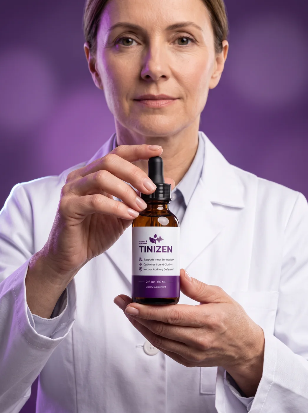 Health professional in a white coat holding a bottle of Tinizen hearing support drops
