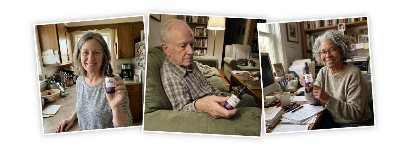 Tinizen customers holding their liquid-drop bottles at home