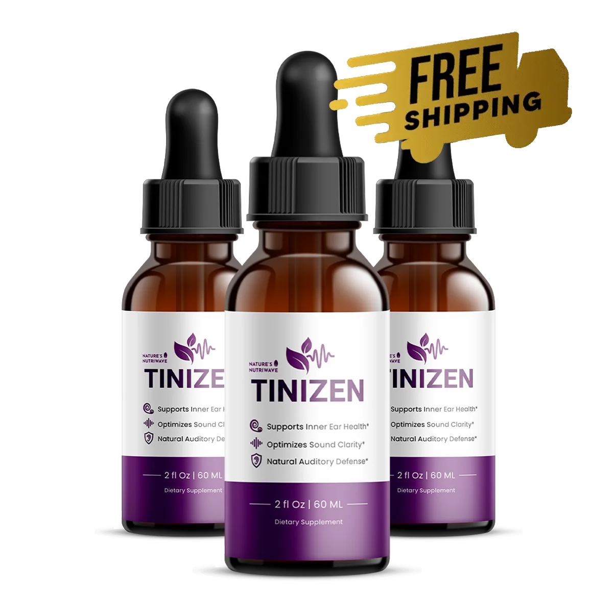 Three bottles of Tinizen liquid drops that support auditory wellness with a 200 mg proprietary blend